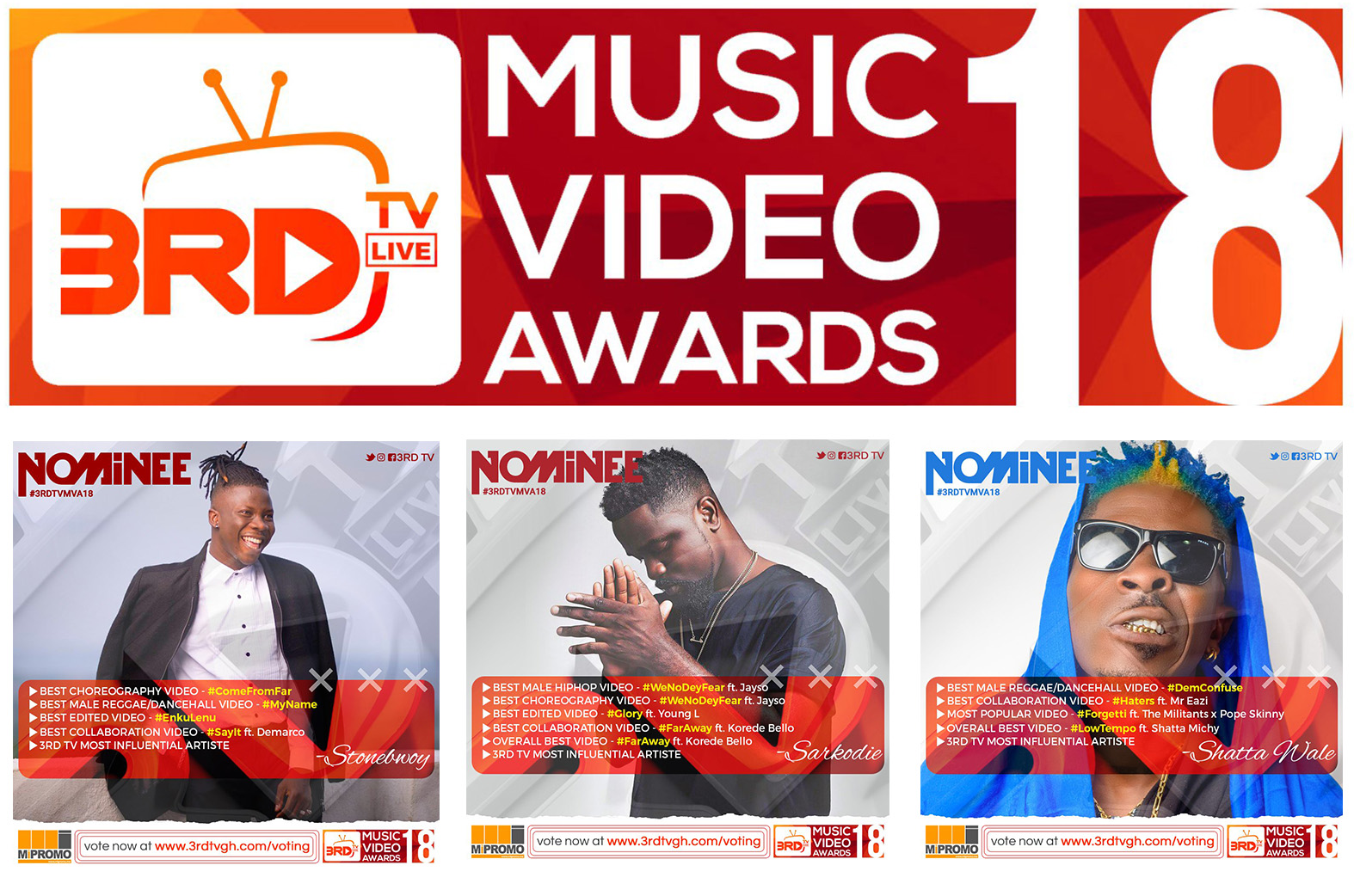 Stonebwoy & Sarkodie lead nominees for 2018 3RD TV Music Video Awards
