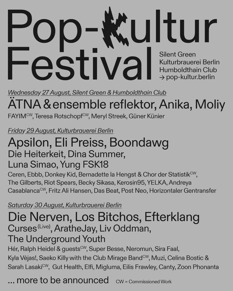 Pop-Kultur Festival, Berlin lineup. Credit: Pop-Kultur Festival.